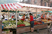 Der Freiburg Marktplatz - probieren Sie doch einmal die berühmte "Lange Rote". (Bratwurst)